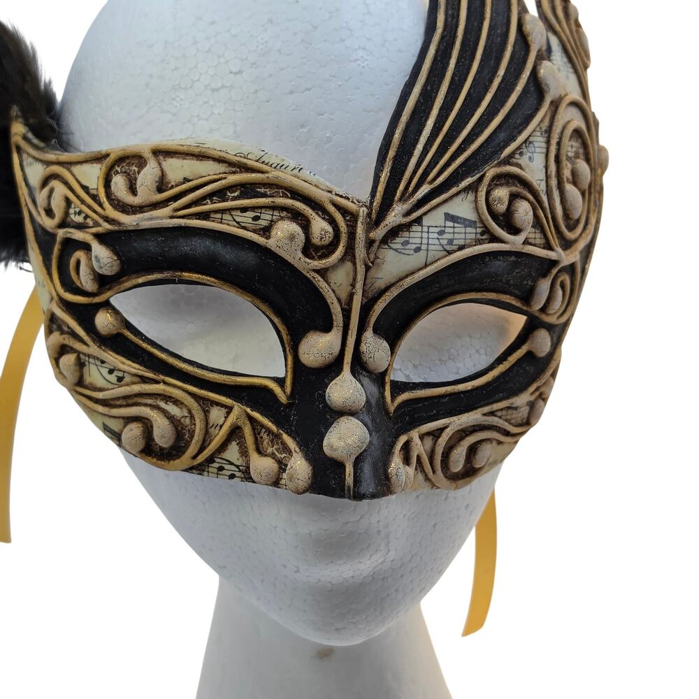 Venetian Masquerade Mask Black Gold Music Note Costume Feather Party Ball Eye